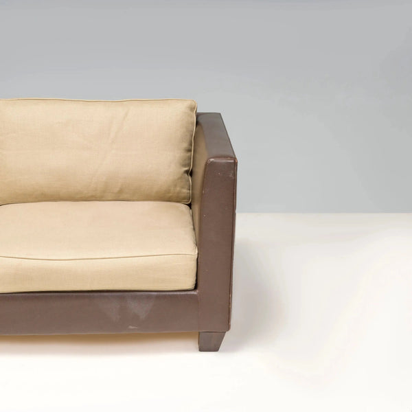 2 Seater Phillipe Hurel Brown Leather & Fabric Sofa - REHAUS - Philippe Hurel