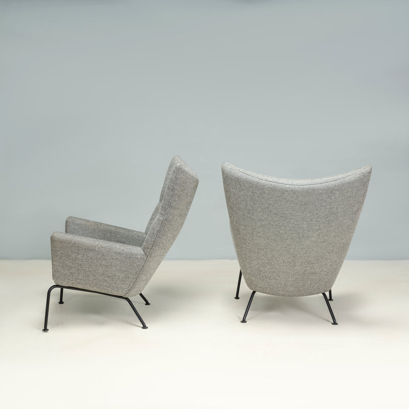 Hans J. Wegner for Carl Hansen Grey Fabric CH445 Wing Chair, Set of 2