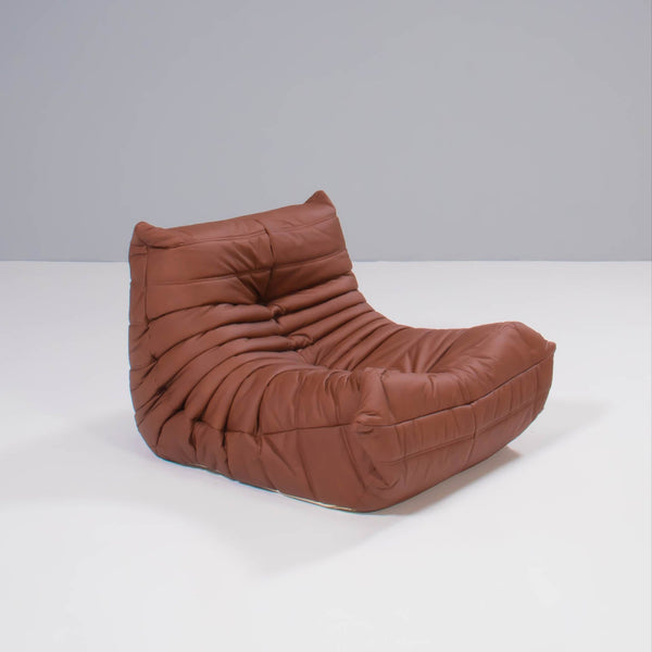 Ligne Roset by Michel Ducaroy Togo Brown Leather Modular Sofa and Footstool, Set of Five