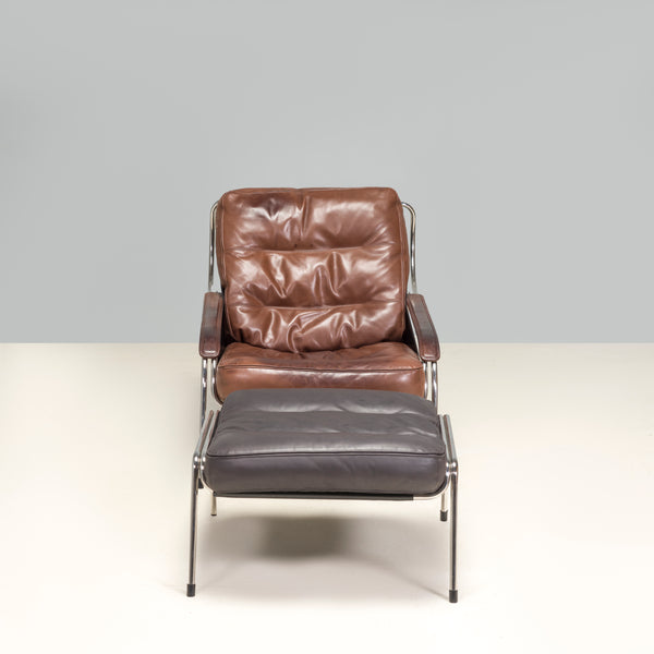 Marco Zanuso for Zanotta Brown Leather Maggiolina Lounge Chair & Footstool
