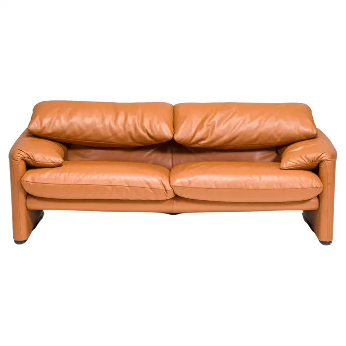 Cassina by Vico Magistretti Maralunga Tan Leather Two-Seater Sofa