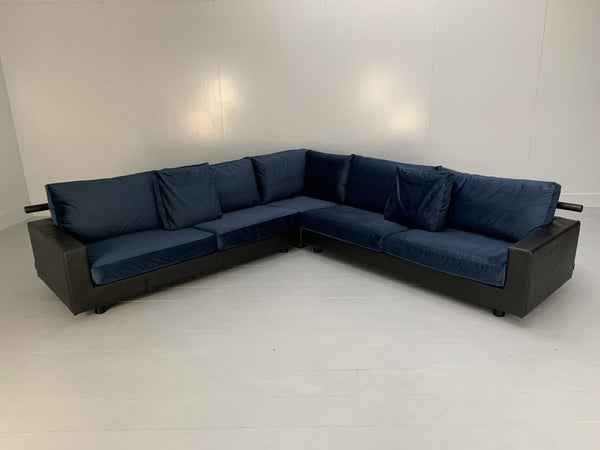 Flexform Status Sectional L - Shape Sofa - In Black Leather & Blue Velvet @ REHAUS