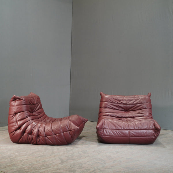 Ligne Roset Burgundy Leather Modular Sofas and Footstool, by Michel Ducaroy, Set of Six @ REHAUS