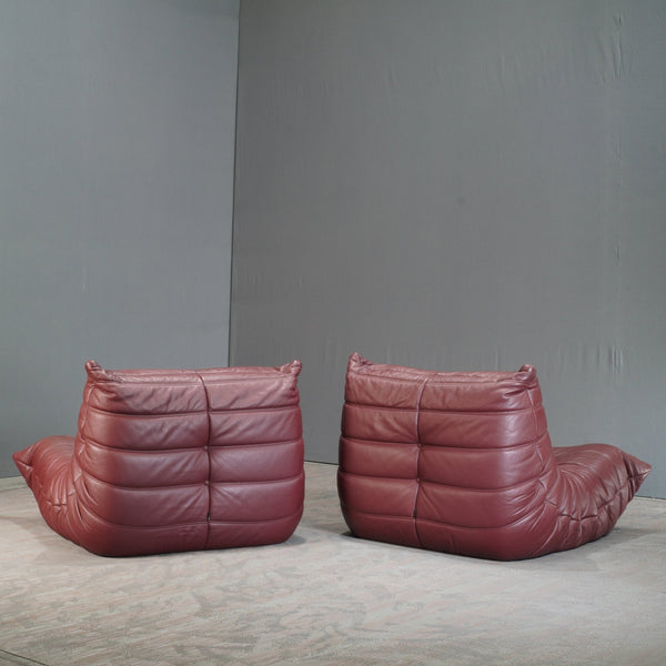 Ligne Roset Burgundy Leather Modular Sofas and Footstool, by Michel Ducaroy, Set of Six @ REHAUS