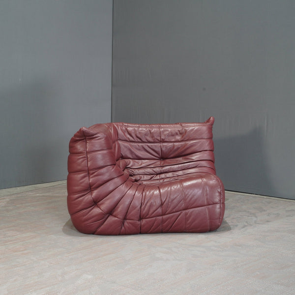 Ligne Roset Burgundy Leather Modular Sofas and Footstool, by Michel Ducaroy, Set of Six @ REHAUS