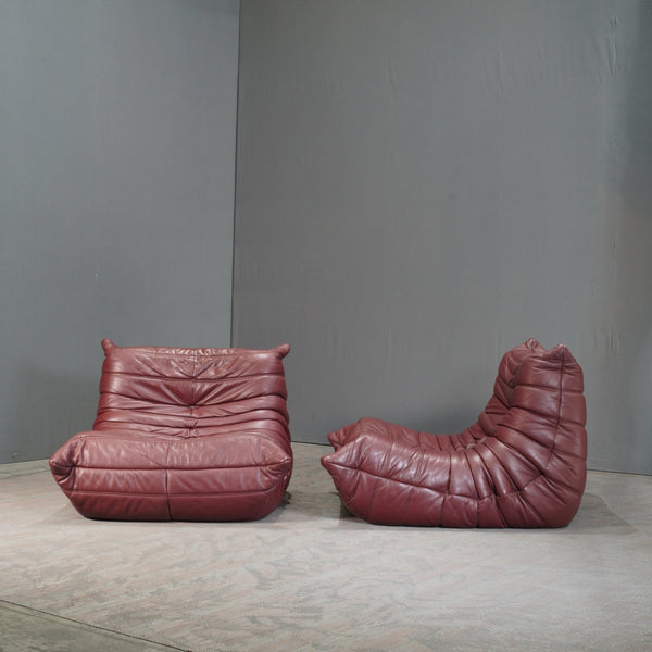 Ligne Roset Burgundy Leather Modular Sofas and Footstool, by Michel Ducaroy, Set of Six @ REHAUS