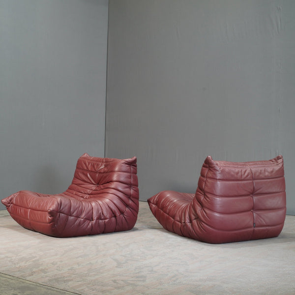Ligne Roset Burgundy Leather Modular Sofas and Footstool, by Michel Ducaroy, Set of Six @ REHAUS