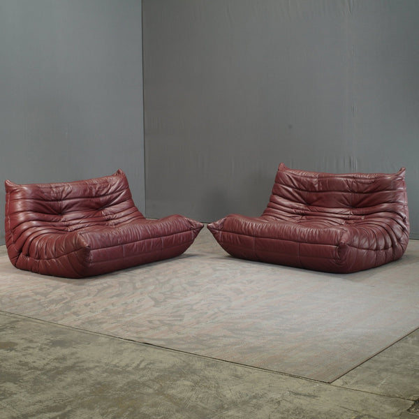 Ligne Roset Burgundy Leather Modular Sofas and Footstool, by Michel Ducaroy, Set of Six @ REHAUS