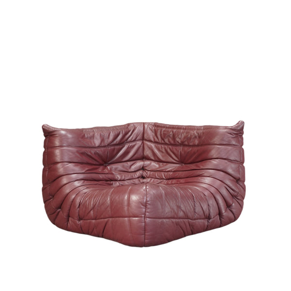 Ligne Roset Burgundy Leather Modular Sofas and Footstool, by Michel Ducaroy, Set of Six @ REHAUS
