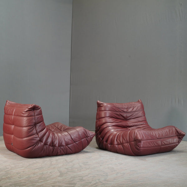 Ligne Roset Burgundy Leather Modular Sofas and Footstool, by Michel Ducaroy, Set of Six @ REHAUS