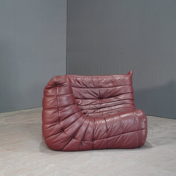 Ligne Roset Burgundy Leather Modular Sofas and Footstool, by Michel Ducaroy, Set of Six @ REHAUS