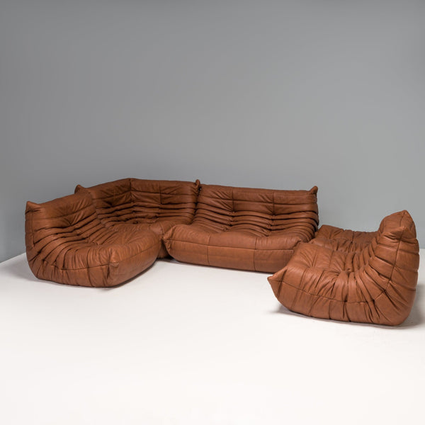 Ligne Roset by Michel Ducaroy Togo Brown Leather Modular Sofa and Footstool, Set of 5 - REHAUS - Michel Ducaroy