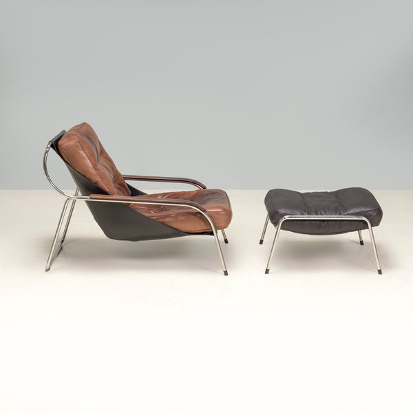 Marco Zanuso for Zanotta Brown Leather Maggiolina Lounge Chair & Footstool - REHAUS - Marco Zanuso