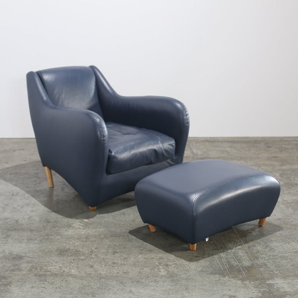 SCP Balzac Blue Leather Armchair and Footstool @ REHAUS