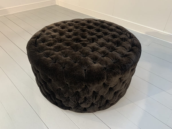 Soho Buttoned - Drum Ottoman Footstool - In Dark Grey Italian Velvet - Made by George Smith Craftsmen @ REHAUS