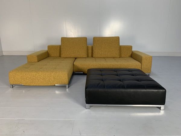 Zanotta Alfa 1326 L - Shape Sofa & Ottoman - In Mustard Yellow Linen & Black Leather @ REHAUS