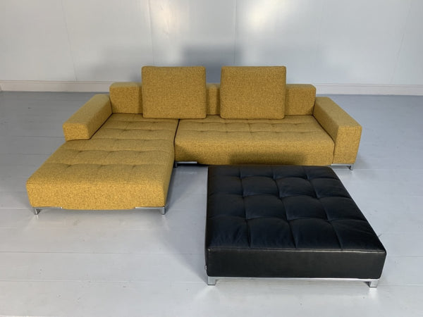 Zanotta Alfa 1326 L - Shape Sofa & Ottoman - In Mustard Yellow Linen & Black Leather @ REHAUS