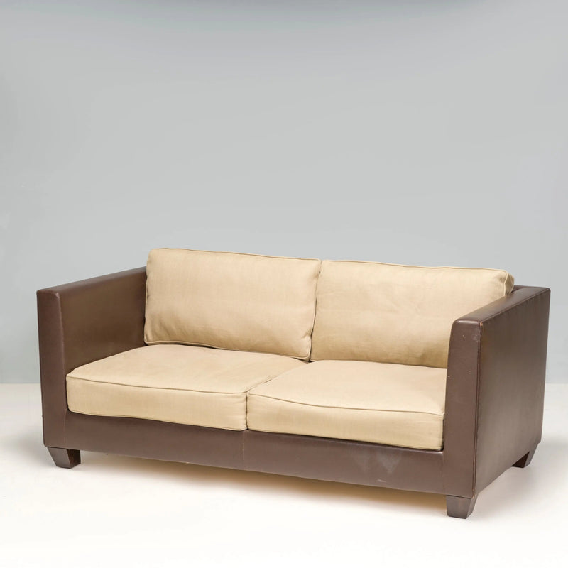 2 Seater Phillipe Hurel Brown Leather & Fabric Sofa - REHAUS - Philippe Hurel