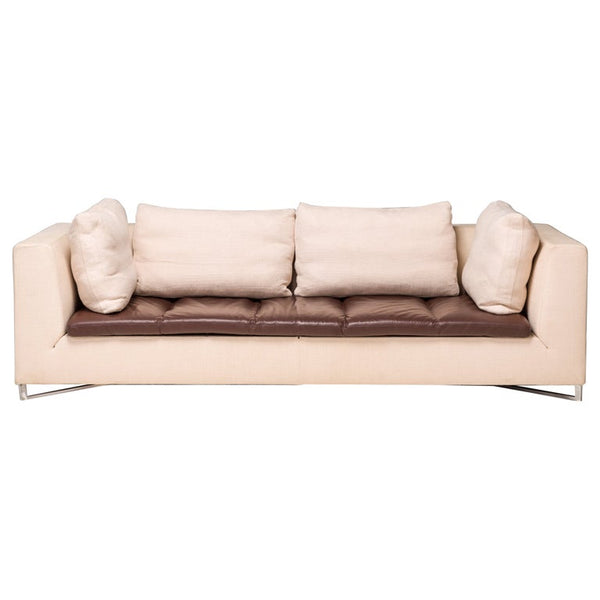 Ligne Roset by Didier Gomez Feng Ivory and Brown Leather Three-Seat Sofa