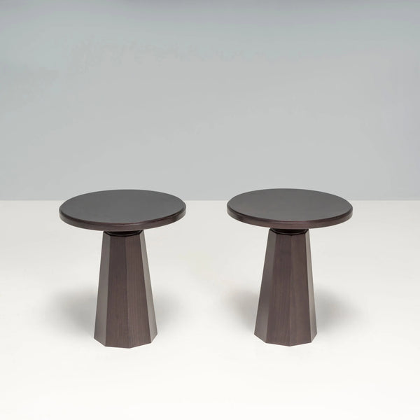 Black Wood Pedestal Round Side Tables by Kelly Forslund, Set of Two