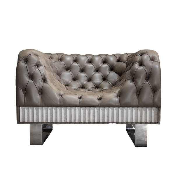 Bespoke Concrete Armchair in Pewter Grey Napa Leather with Soft Chesterfield Detailing
