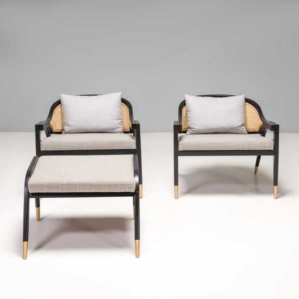 Modern DUISTT Wormley Set of 2 Cane and Brass Armchairs & Footstool