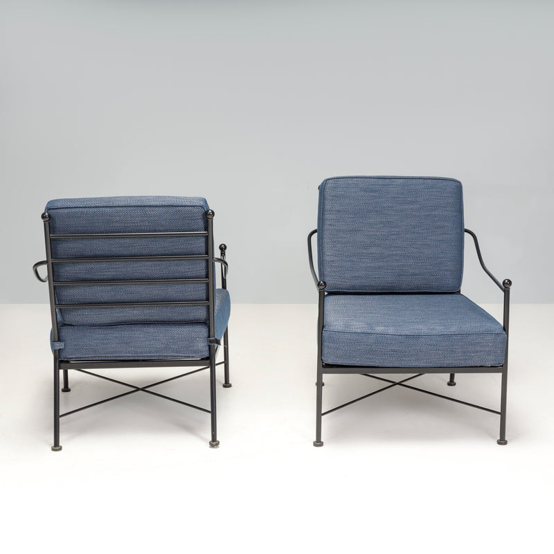 Wrought Iron Outdoor Blue Armchairs, Set of 2