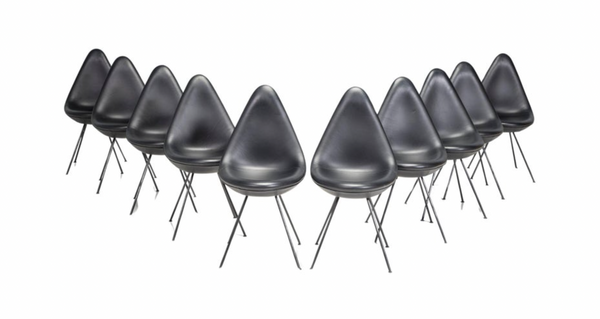 Fritz Hansen by Arne Jacobsen Black Leather Model 3110 Drop Dining Chairs, Set of 10
