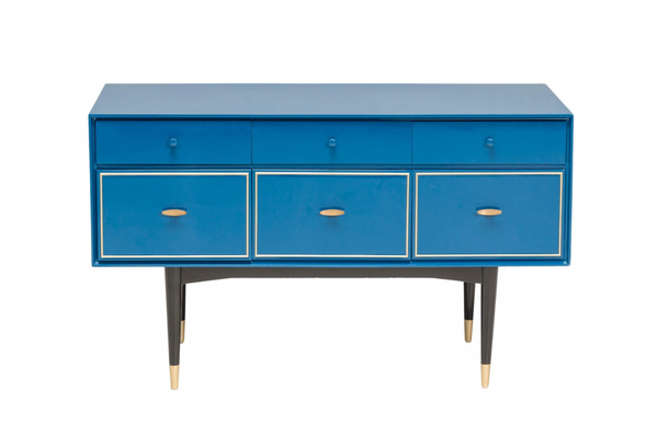1960s Mid Century Modern Chest of drawers Blue Gloss With Brass Trim