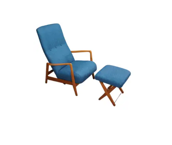 Gio Ponti Blue Reclining Armchair with Matching Footstool