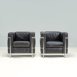 Le Corbusier for Alivar Black Leather LC2 Armchairs, Set of 2
