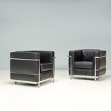 Le Corbusier for Alivar Black Leather LC2 Armchairs, Set of 2