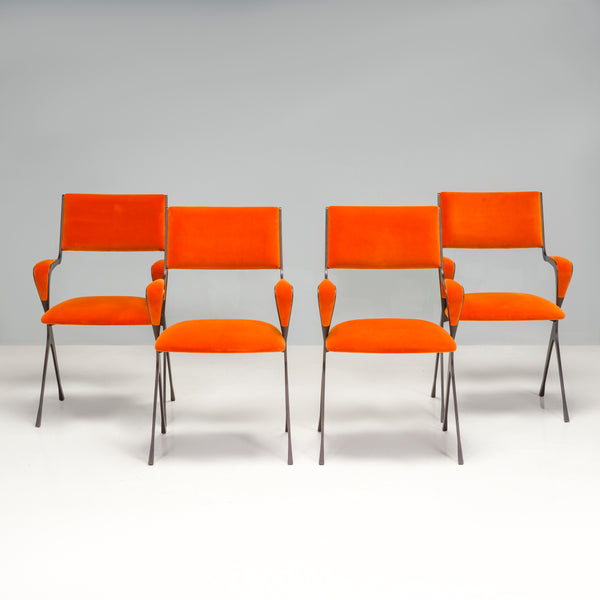 Tom Faulkner Orange Velvet Vienna Carver Dining Chairs, Set of 4