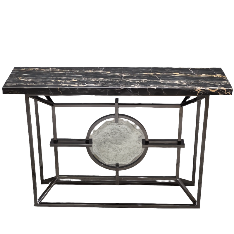 Bespoke Arabescato Corchia Black Marble Top Console Table with Plated Steel Base - REHAUS - Bespoke