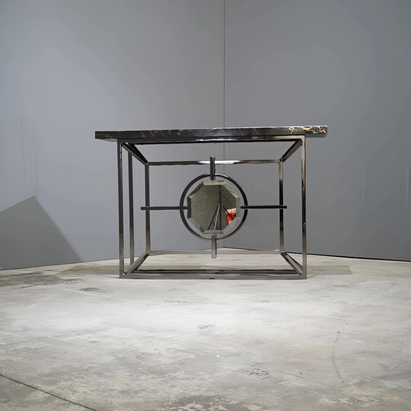 Bespoke Arabescato Corchia Black Marble Top Console Table with Plated Steel Base - REHAUS - Bespoke