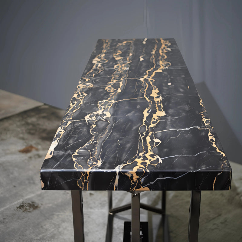 Bespoke Arabescato Corchia Black Marble Top Console Table with Plated Steel Base - REHAUS - Bespoke