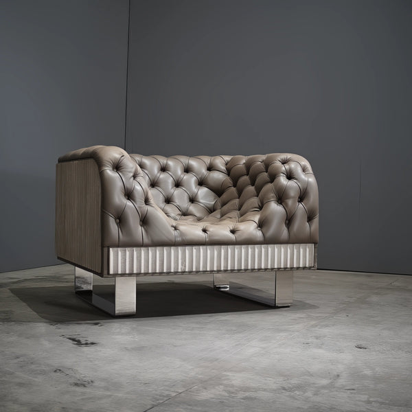 Bespoke Concrete Armchair in Pewter Grey Napa Leather with Soft Chesterfield Detailing - REHAUS - Bespoke