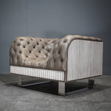 Bespoke Concrete Armchair in Pewter Grey Napa Leather with Soft Chesterfield Detailing - REHAUS - Bespoke