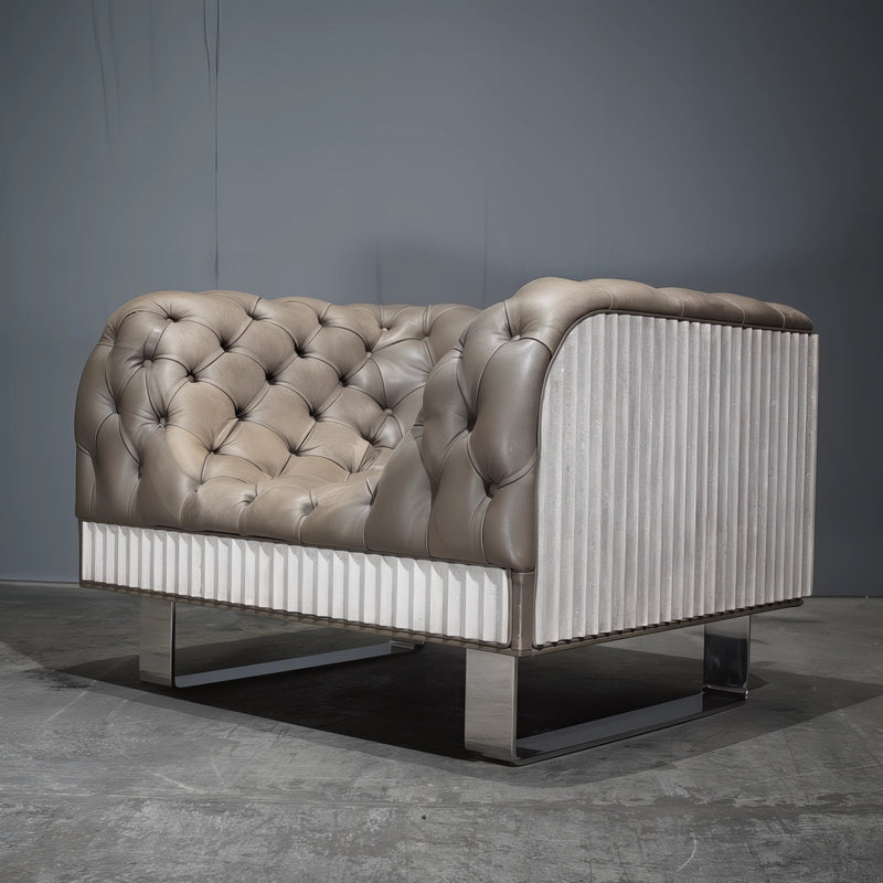 Bespoke Concrete Armchair in Pewter Grey Napa Leather with Soft Chesterfield Detailing - REHAUS - Bespoke