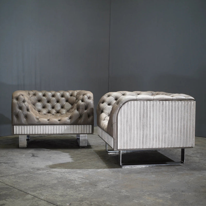 Bespoke Concrete Armchair in Pewter Grey Napa Leather with Soft Chesterfield Detailing - REHAUS - Bespoke