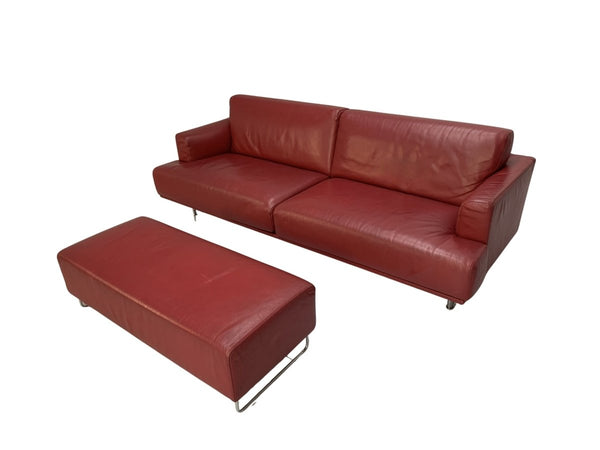 Cassina 253 Nest 2.5-Seat Sofa & Bench Footstool - In Red Pelle Leather