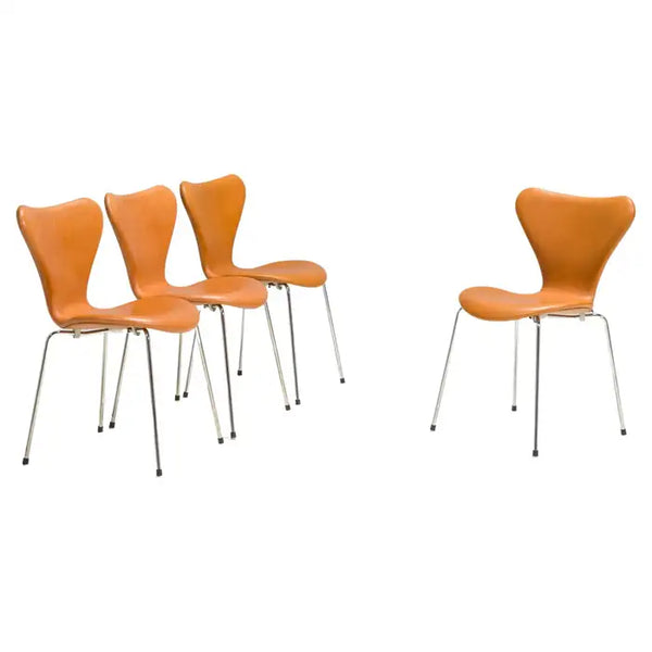 Fritz Hansen by Arne Jacobsen Brown Leather 3107 Series 7 Dining Chairs, Set of 4