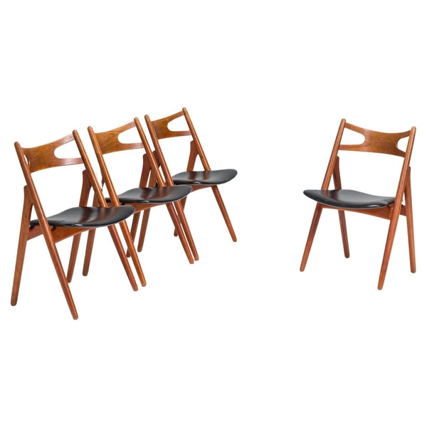 Hans J. Wegner Teak & Black Leather CH29P Sawbuck Chairs, 1960s, Set of 4