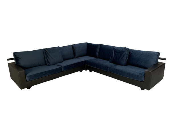Flexform Status Sectional L - Shape Sofa - In Black Leather & Blue Velvet @ REHAUS