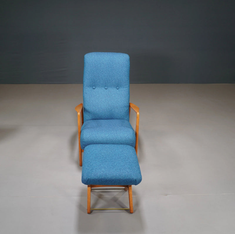 Gio Ponti Blue Reclining Armchair with Matching Footstool - REHAUS - Gio Ponti