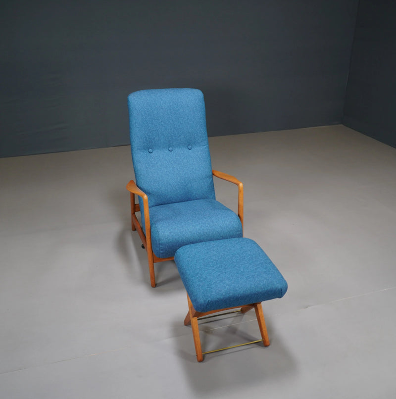 Gio Ponti Blue Reclining Armchair with Matching Footstool - REHAUS - Gio Ponti