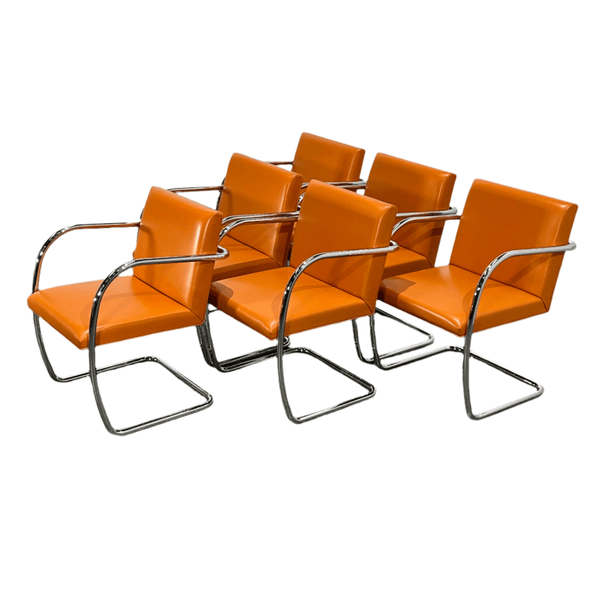 Knoll Brno Tubular Tan Orange Leather Chair by Ludwig Mies van der Rohe, Set of Six