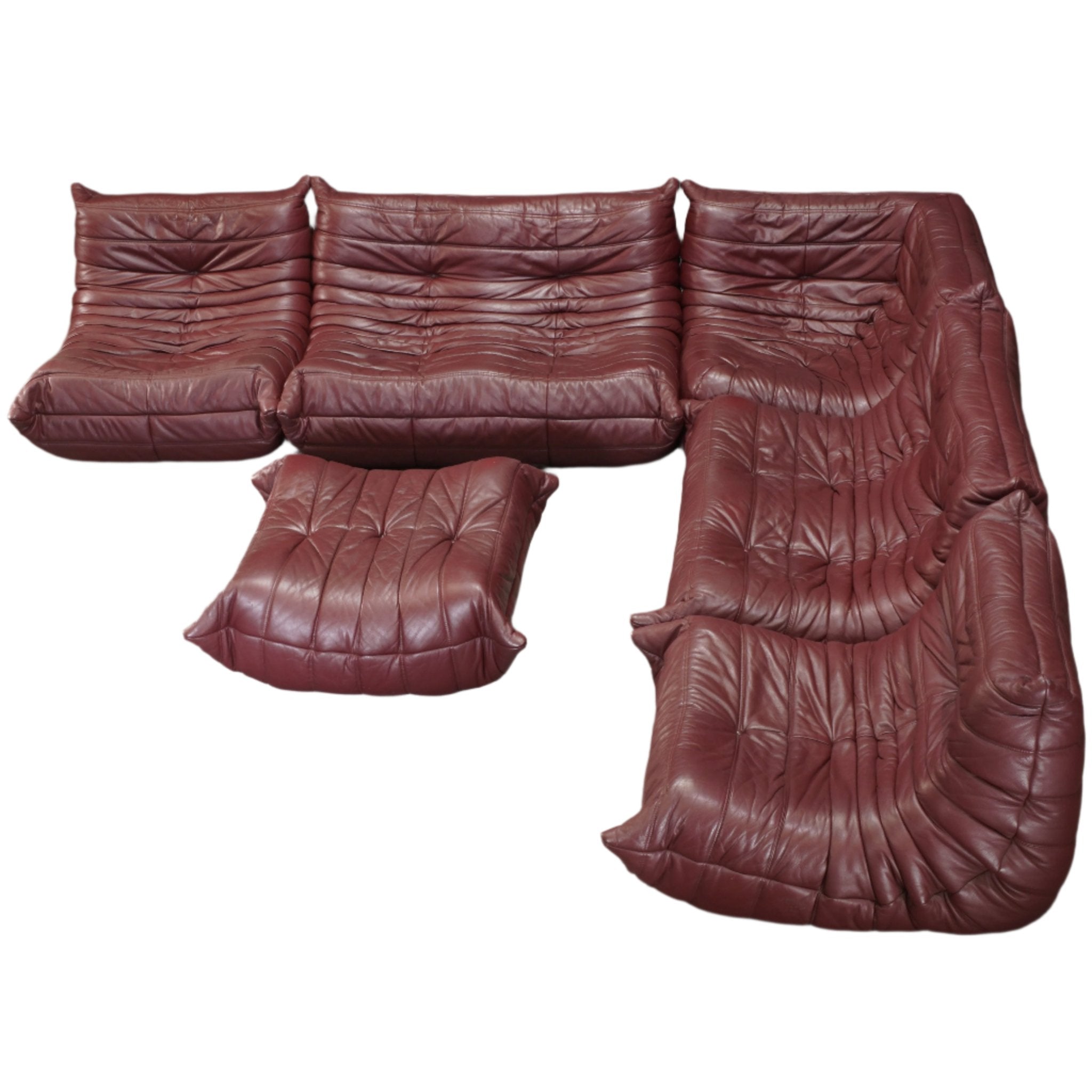 Ligne Roset Burgundy Leather Modular Sofas and Footstool, by Michel Ducaroy, Set of Six @ REHAUS