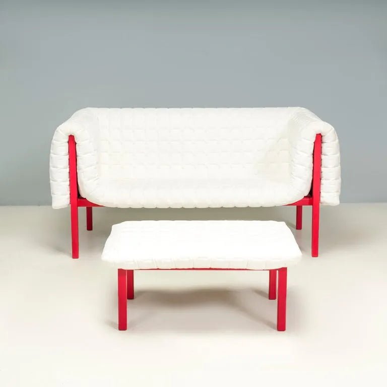 Ligne Roset by Inga Sempé Ruché White Velvet and Red Sofa & Footstool - REHAUS - inga sempe