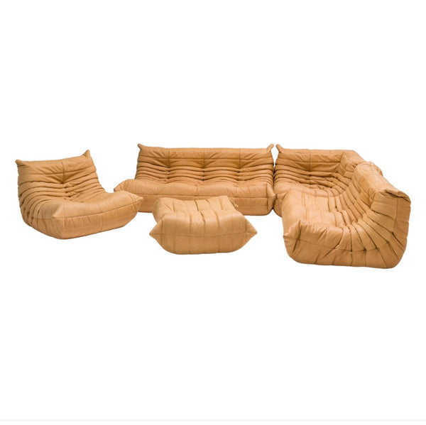 Ligne Roset by Michel Ducaroy Camel Brown Leather Togo, Set of Five - REHAUS - Michel Ducaroy